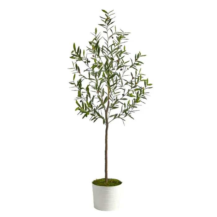 70″ Olive Artificial Tree in White Tin Planter