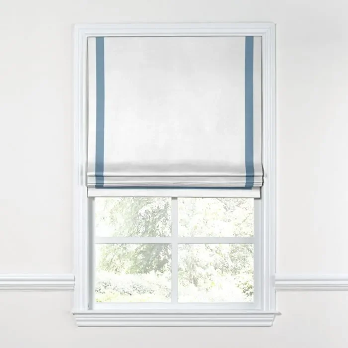Flat Roman Shade in White Linen with Blue Trim