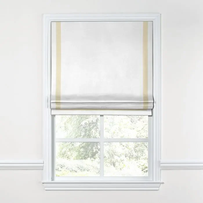 Flat Roman Shade in White Linen with Cream Trim