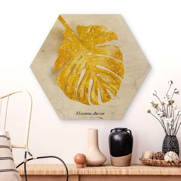 Hexagon-Holzbild Gold – Monstera Aurum