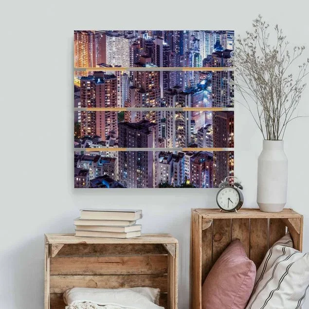Holzbild Plankenoptik Hongkong Lichtermeer