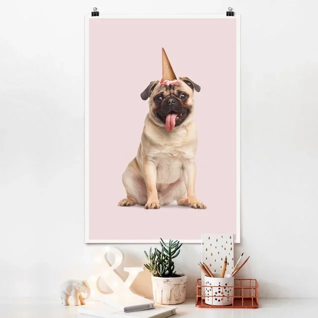 Poster im Hochformat Mops mit Eiswaffel
