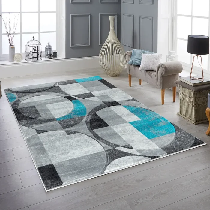 Silver Grey Blue Turquoise Geometric Shapes Hand-Carved Abstract Soft Premium Modern Contemporary Non-Shedding Area Rug